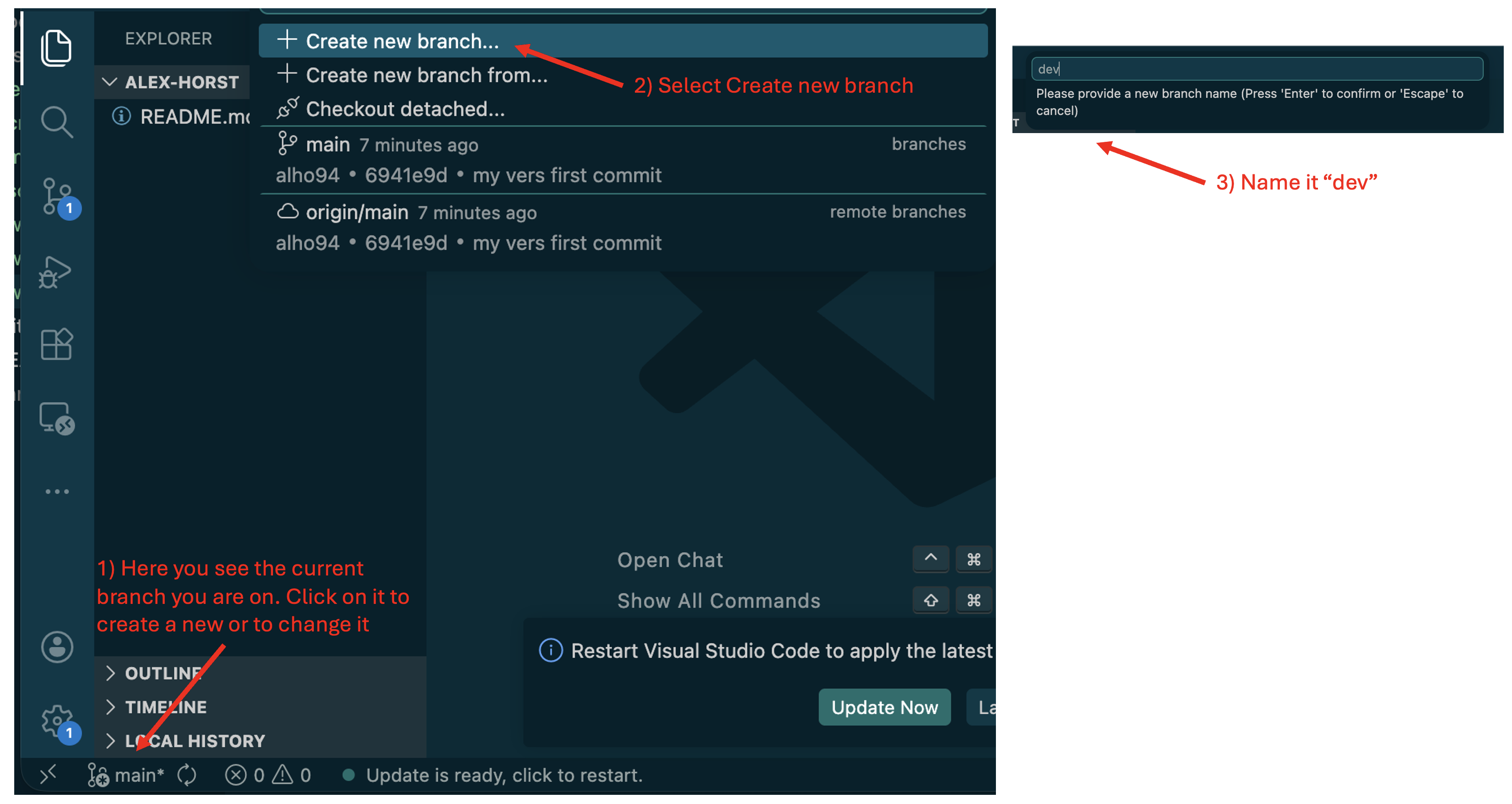 Switching to the dev branch in VS Code
